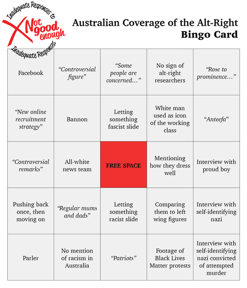 Play along at home with the Official Not Good Enough Australian Media Coverage of the Alt-right bingo card